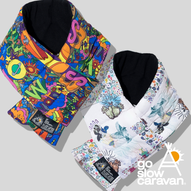 《go slow caravan》サイケ＆カオス３☆総柄プリントの中綿キルティングマフラー登場！
