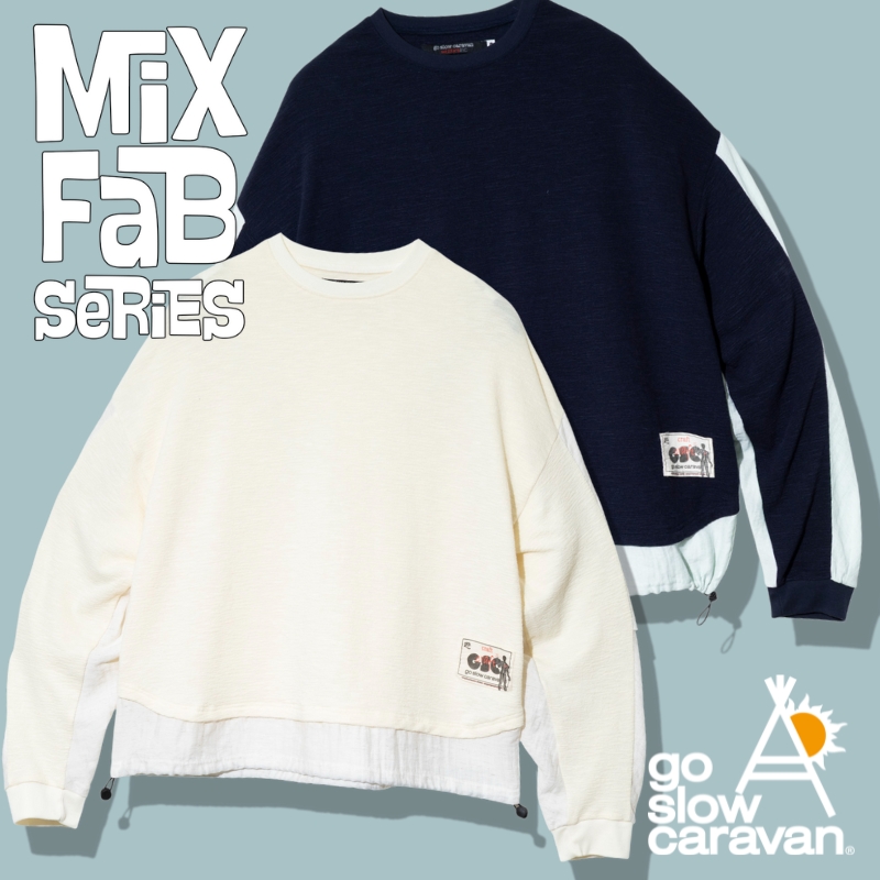 《go slow caravan》MIX FABシリーズ☆異素材の組み合わせと立体フォルムが特徴的な変形タックロングスリーブTEEが登場！
